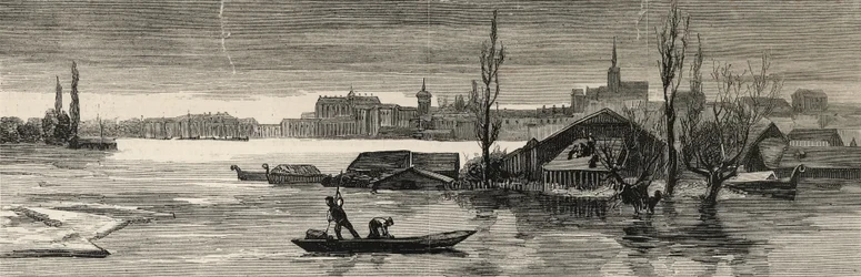 As inundações desastrosas na Áustria-Hungria: Vista de Raab, recentemente inundada pelo Danúbio, de &39;The Graphic&39;, 20 de janeiro de 1883